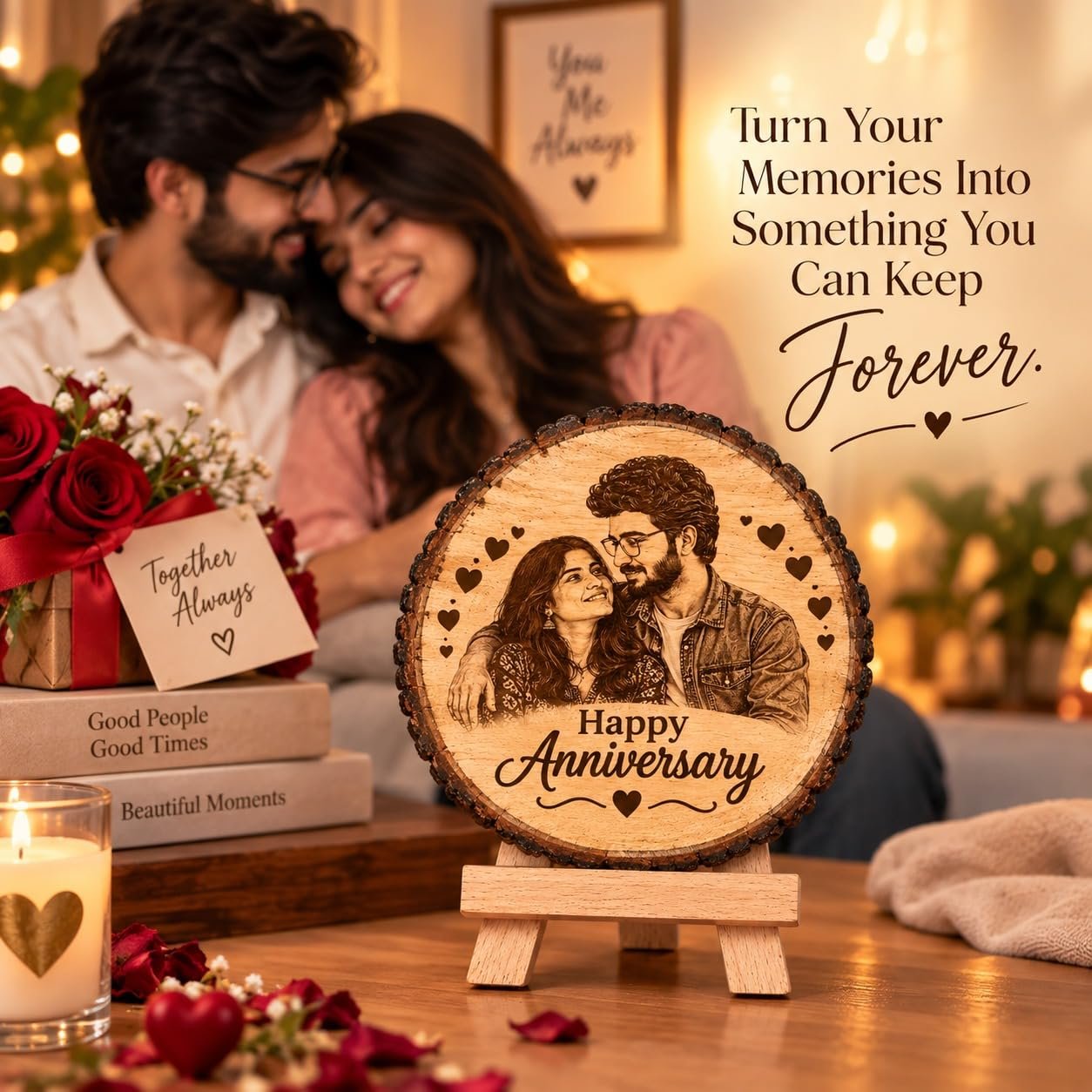 Personalized Engraved Wooden Photo Frame for Couple, Custom Photo and Names on Natural Wood Slice with Stand, Anniversary, Wedding and Birthday Gift for Wife or Husband, 5.5 Inch (14 cm) - Image 7