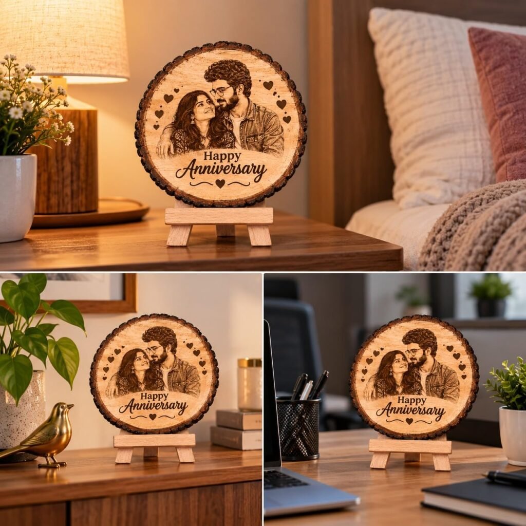 Personalized Engraved Wooden Photo Frame for Couple, Custom Photo and Names on Natural Wood Slice with Stand, Anniversary, Wedding and Birthday Gift for Wife or Husband, 5.5 Inch (14 cm)
