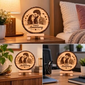Personalized Engraved Wooden Photo Frame for Couple, Custom Photo and Names on Natural Wood Slice with Stand, Anniversary, Wedding and Birthday Gift for Wife or Husband, 5.5 Inch (14 cm) - Image 5