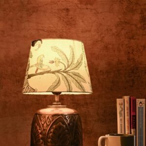 Green Girgit Vintage Copper Leaf Etched Pot Table Lamp with Printed Green Shade, Wooden Base, Bedside Night Lamp, Modern Living Room Light, Ambient Lighting, E27 Bulb Compatible, Corded Electric - Image 1