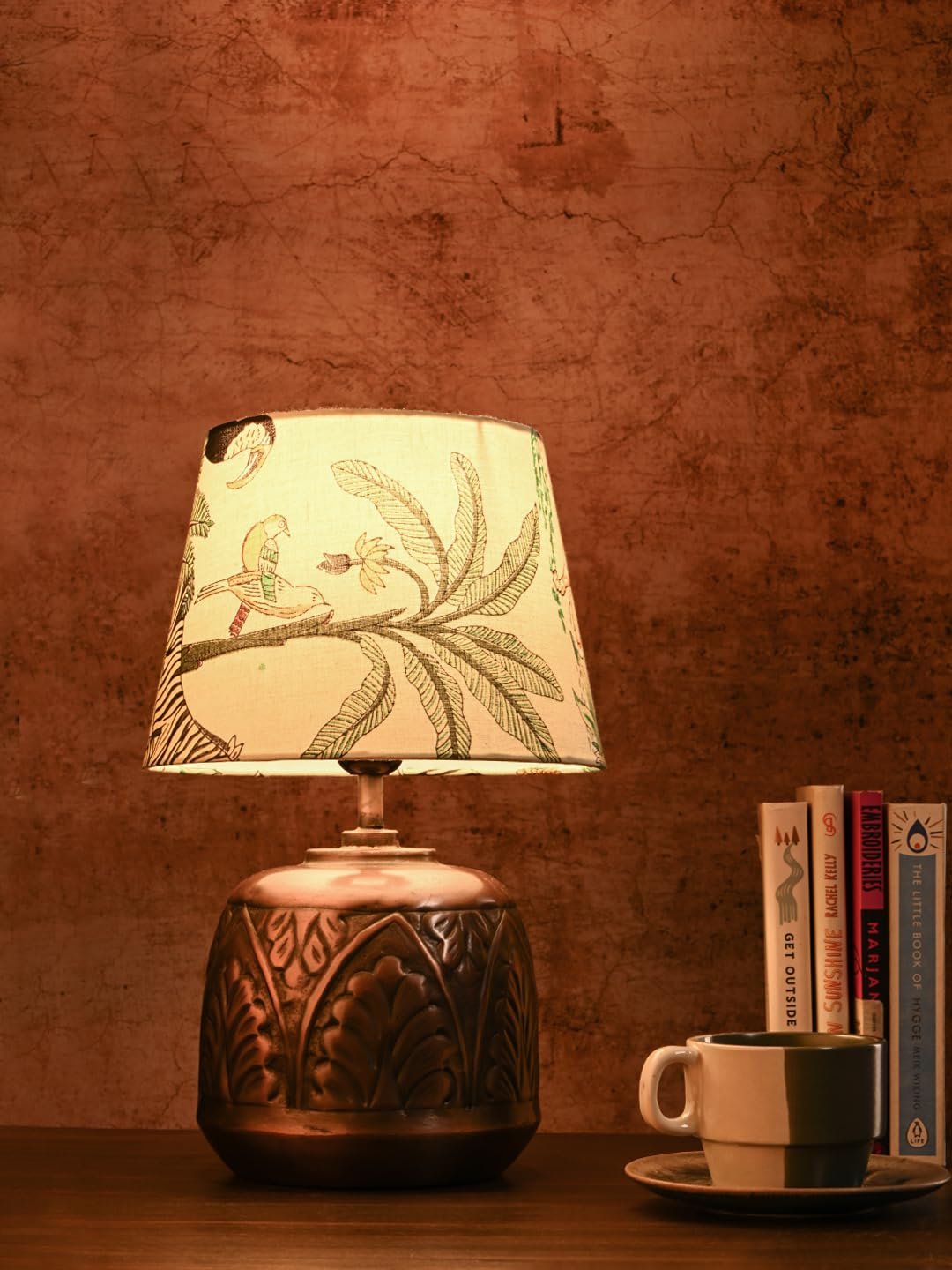 Green Girgit Vintage Copper Leaf Etched Pot Table Lamp with Printed Green Shade, Wooden Base, Bedside Night Lamp, Modern Living Room Light, Ambient Lighting, E27 Bulb Compatible, Corded Electric