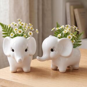 Ceramic Elephant Succulent Planter Pots - Set of 2, White Decorative Flower Vases for Indoor Home Decor, Office Desk, Living Room & Gifting - Cute Animal Shape Pots for Small Plants
