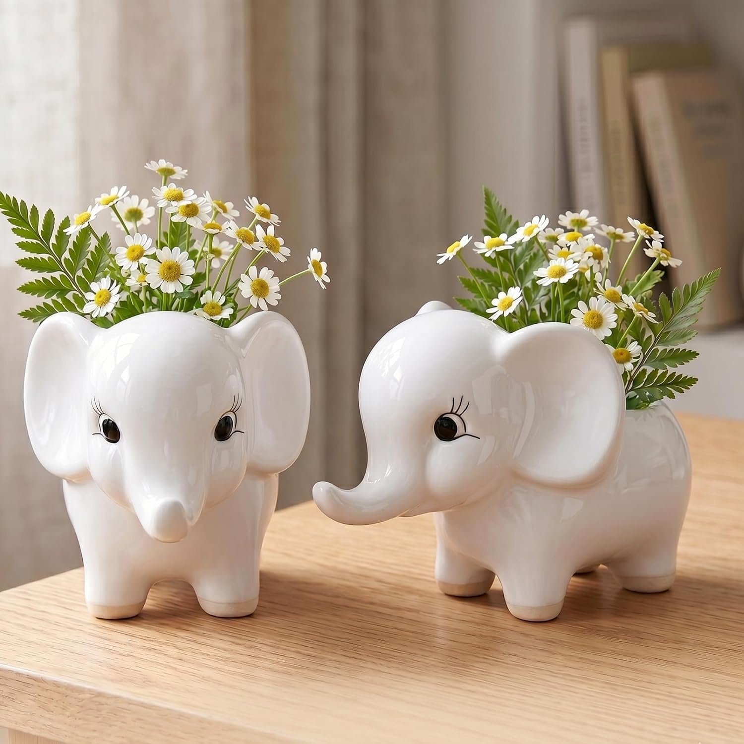 Ceramic Elephant Succulent Planter Pots - Set of 2, White Decorative Flower Vases for Indoor Home Decor, Office Desk, Living Room & Gifting - Cute Animal Shape Pots for Small Plants
