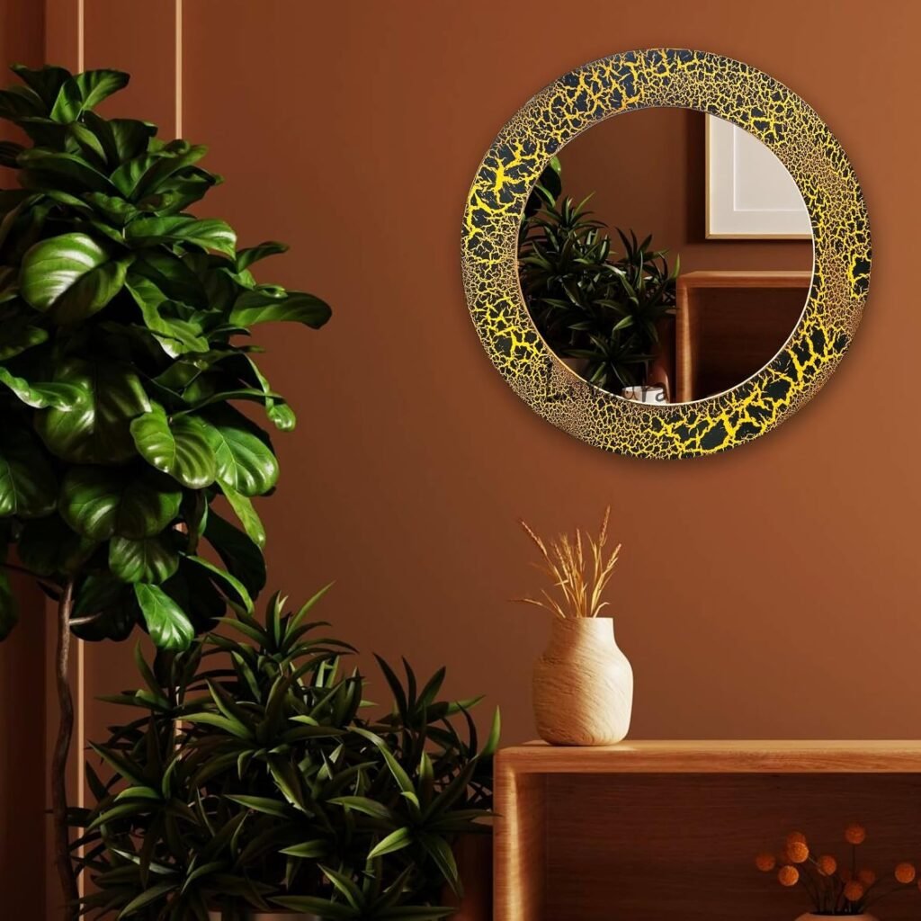 Handcrafted Round Wooden Wall Mirror with Crackle Texture Finish, Decorative Accent Mirror for Living Room, Bedroom, Entryway, Hallway, Bathroom, Home Decor (Black & Yellow, 30" Inches, Round)