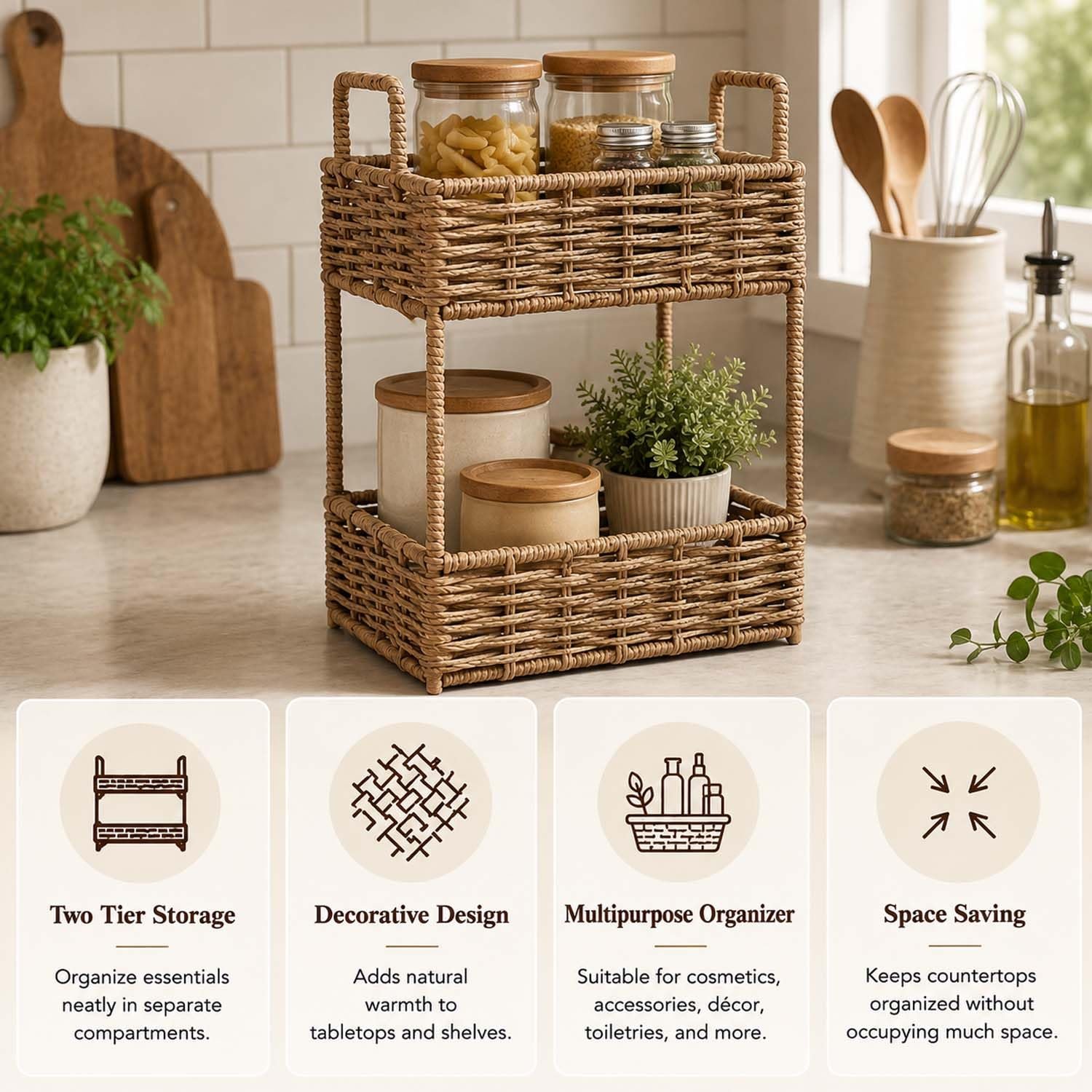 Go Hooked Handwoven 2 Tier Raffia Storage Basket Organizer 10 Inch Natural Wicker Countertop Shelf Basket for Bathroom Bedroom Living Room Office Vanity Décor (L26xW18.5xH37 cm) - Image 4