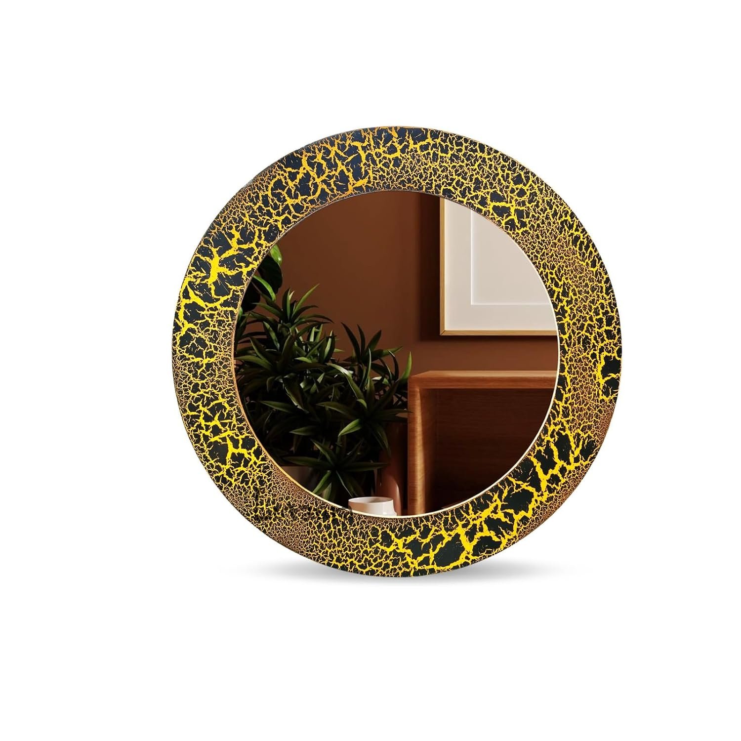 Handcrafted Round Wooden Wall Mirror with Crackle Texture Finish, Decorative Accent Mirror for Living Room, Bedroom, Entryway, Hallway, Bathroom, Home Decor (Black & Yellow, 30" Inches, Round) - Image 3