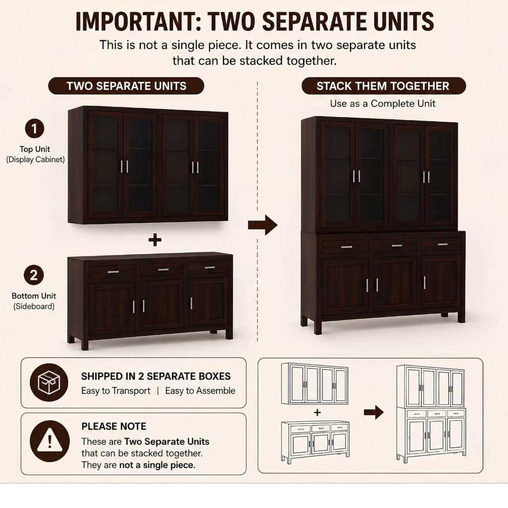 Solid Sheesham Wood Crockery Unit with Acrylic Glass Doors Cabinet Wooden Storage Sideboard Buffet Organizer for Kitchen Living Room Premium Dark Brown Finish Furniture