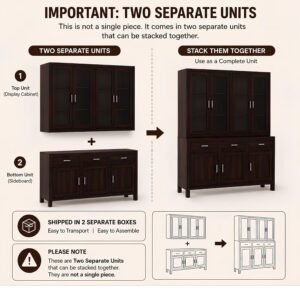 Solid Sheesham Wood Crockery Unit with Acrylic Glass Doors Cabinet Wooden Storage Sideboard Buffet Organizer for Kitchen Living Room Premium Dark Brown Finish Furniture - Image 5