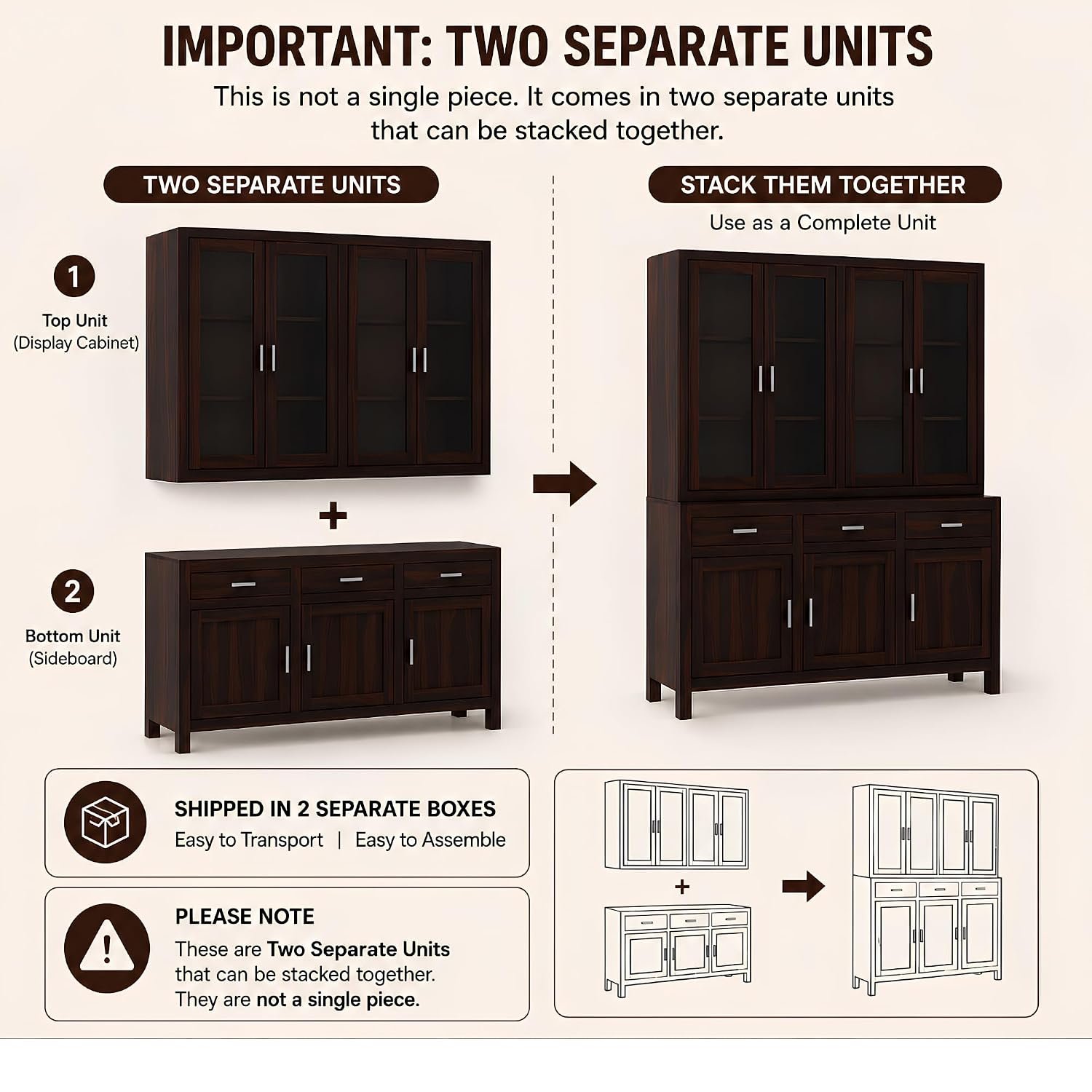 Solid Sheesham Wood Crockery Unit with Acrylic Glass Doors Cabinet Wooden Storage Sideboard Buffet Organizer for Kitchen Living Room Premium Dark Brown Finish Furniture - Image 5