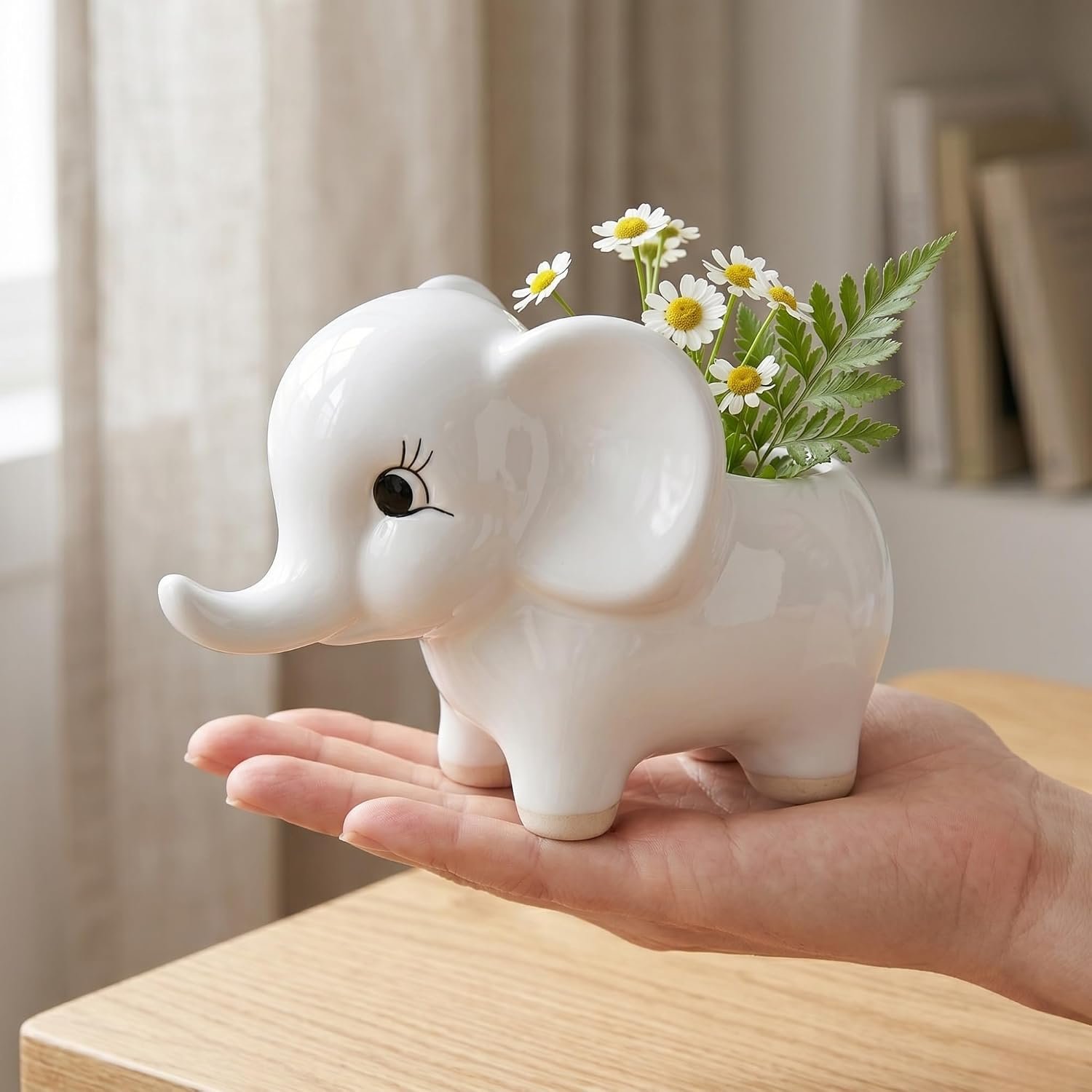 Ceramic Elephant Succulent Planter Pots - Set of 2, White Decorative Flower Vases for Indoor Home Decor, Office Desk, Living Room & Gifting - Cute Animal Shape Pots for Small Plants - Image 3
