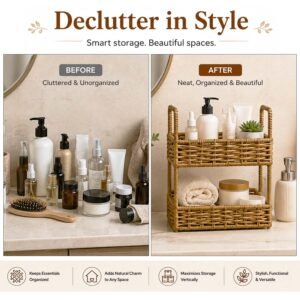 Go Hooked Handwoven 2 Tier Raffia Storage Basket Organizer 10 Inch Natural Wicker Countertop Shelf Basket for Bathroom Bedroom Living Room Office Vanity Décor (L26xW18.5xH37 cm) - Image 6