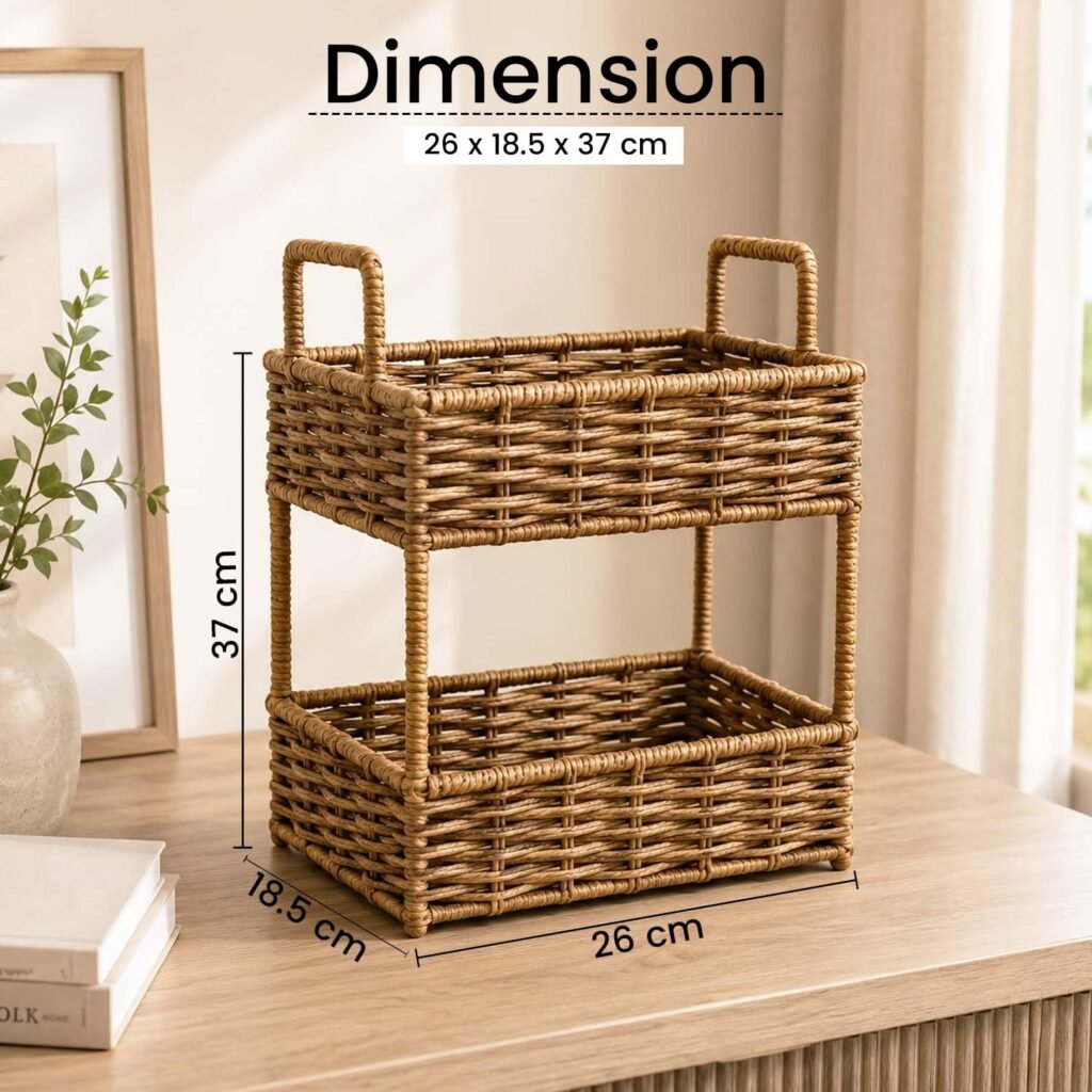 Go Hooked Handwoven 2 Tier Raffia Storage Basket Organizer 10 Inch Natural Wicker Countertop Shelf Basket for Bathroom Bedroom Living Room Office Vanity Décor (L26xW18.5xH37 cm)