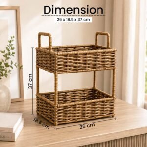 Go Hooked Handwoven 2 Tier Raffia Storage Basket Organizer 10 Inch Natural Wicker Countertop Shelf Basket for Bathroom Bedroom Living Room Office Vanity Décor (L26xW18.5xH37 cm) - Image 2