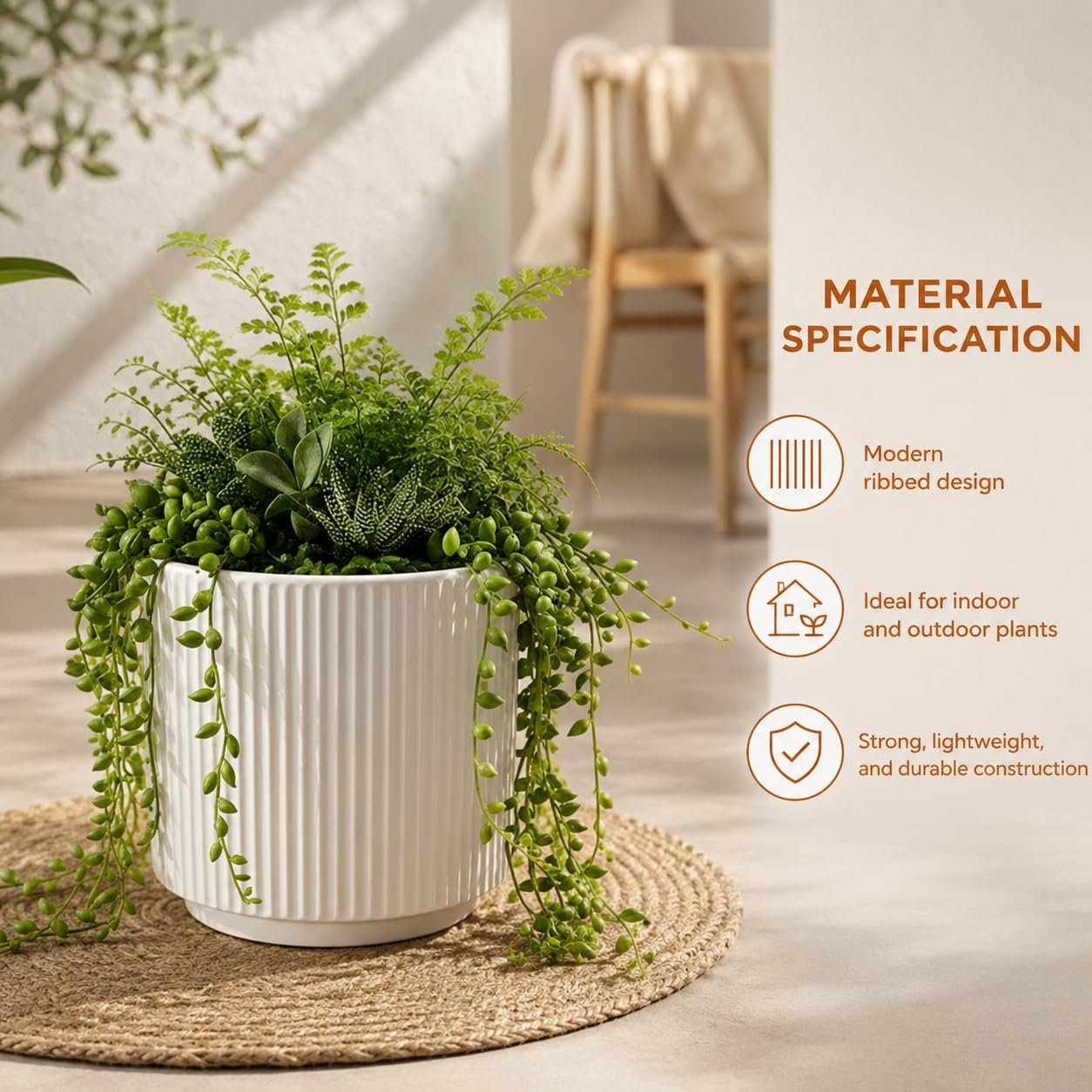 elaris Elegant Ribbed Ceramic Planter for Indoor Plants | Contemporary Textured Flower Pot for Living Room, Bedroom, Office Desk, Shelf & Tabletop Décor (White) 3.74 inch - Image 2
