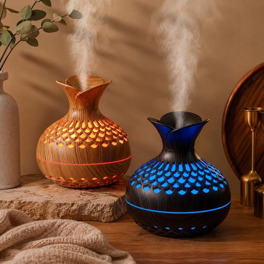 Aroma Diffuser with Wooden Finish, Ultrasonic Essential Oil Diffuser & Humidifier, LED Night Light, Quiet Air Freshener for Home Bedroom Office Spa (Multicolor)