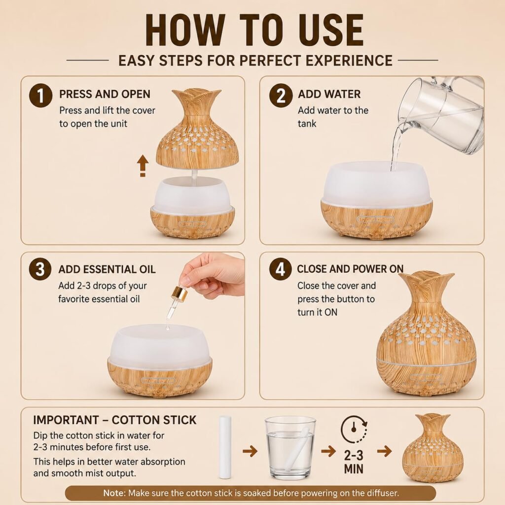 Aroma Diffuser with Wooden Finish, Ultrasonic Essential Oil Diffuser & Humidifier, LED Night Light, Quiet Air Freshener for Home Bedroom Office Spa (Multicolor)