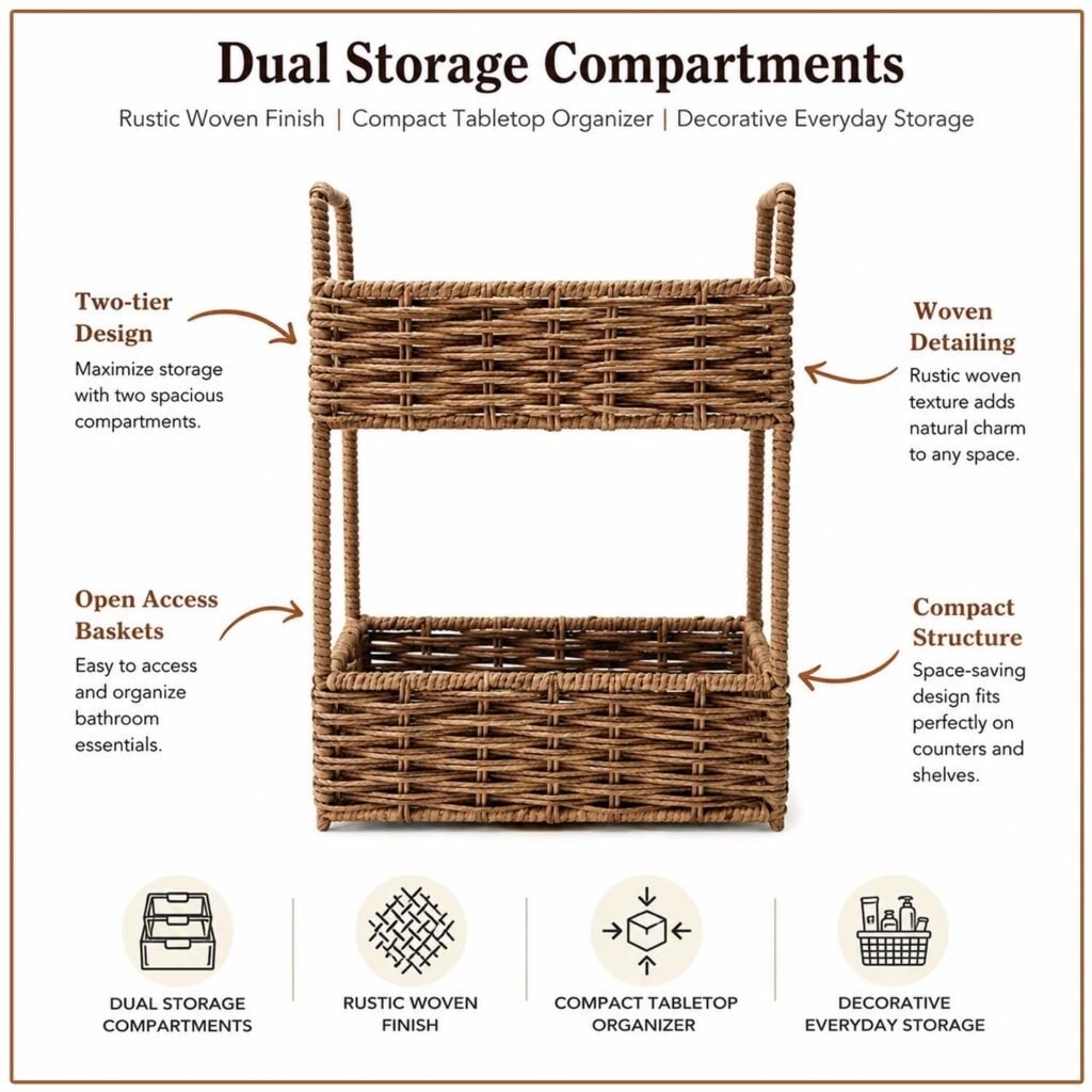 Go Hooked Handwoven 2 Tier Raffia Storage Basket Organizer 10 Inch Natural Wicker Countertop Shelf Basket for Bathroom Bedroom Living Room Office Vanity Décor (L26xW18.5xH37 cm)