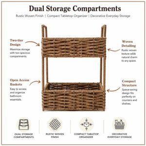 Go Hooked Handwoven 2 Tier Raffia Storage Basket Organizer 10 Inch Natural Wicker Countertop Shelf Basket for Bathroom Bedroom Living Room Office Vanity Décor (L26xW18.5xH37 cm) - Image 3