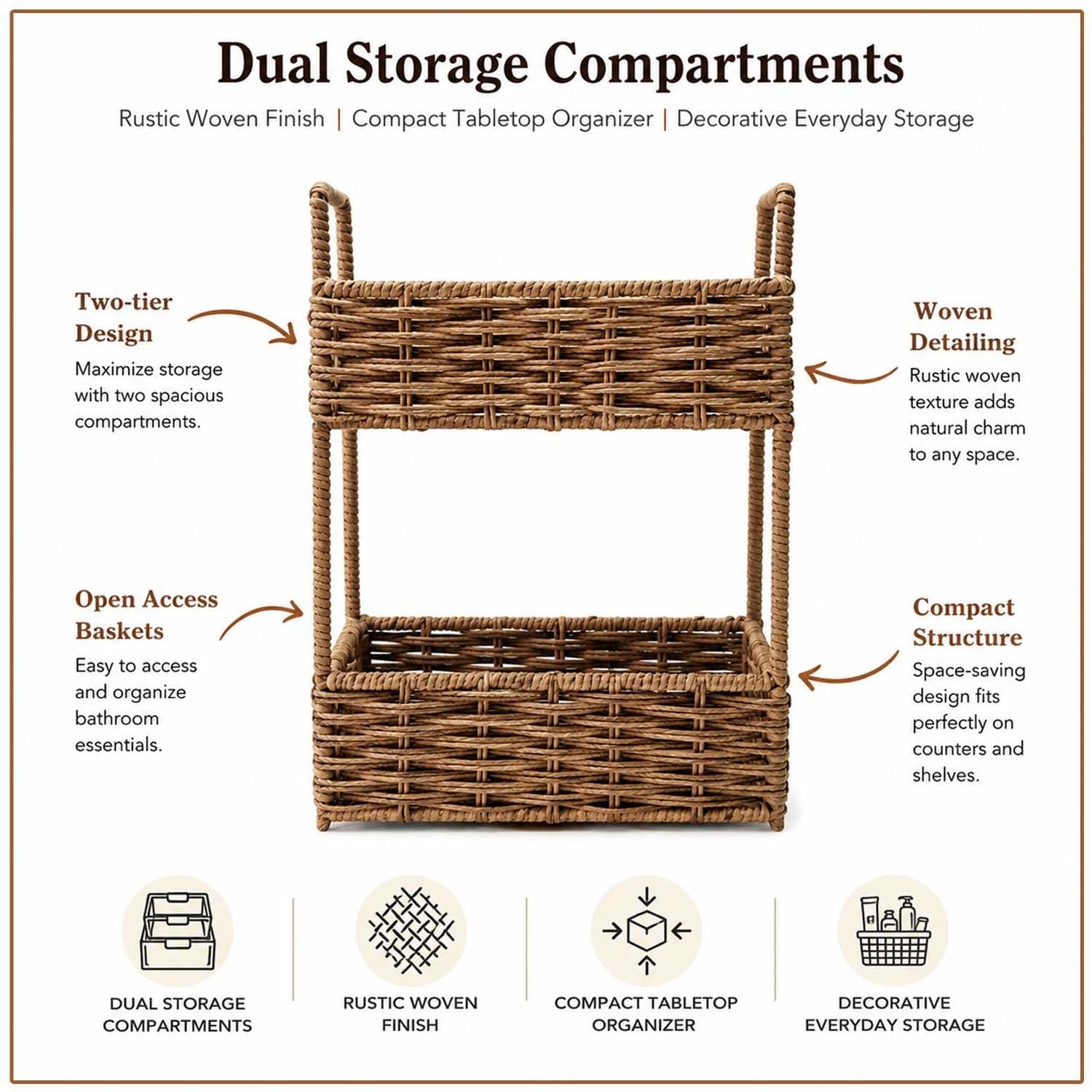 Go Hooked Handwoven 2 Tier Raffia Storage Basket Organizer 10 Inch Natural Wicker Countertop Shelf Basket for Bathroom Bedroom Living Room Office Vanity Décor (L26xW18.5xH37 cm) - Image 3