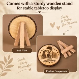 Personalized Engraved Wooden Photo Frame for Couple, Custom Photo and Names on Natural Wood Slice with Stand, Anniversary, Wedding and Birthday Gift for Wife or Husband, 5.5 Inch (14 cm) - Image 4