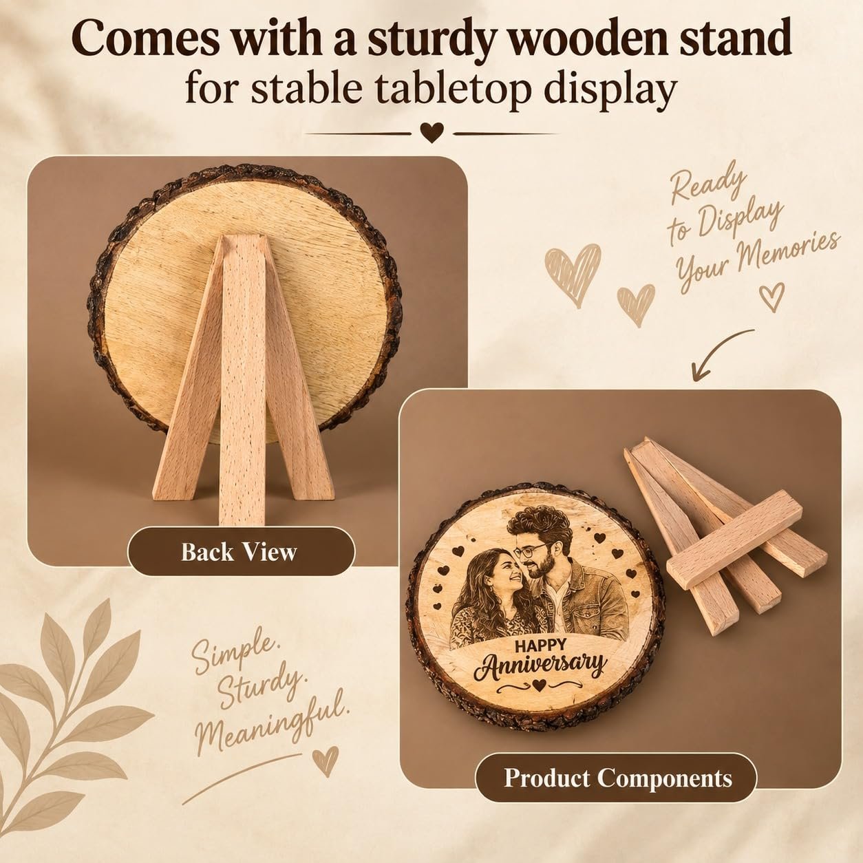 Personalized Engraved Wooden Photo Frame for Couple, Custom Photo and Names on Natural Wood Slice with Stand, Anniversary, Wedding and Birthday Gift for Wife or Husband, 5.5 Inch (14 cm) - Image 4