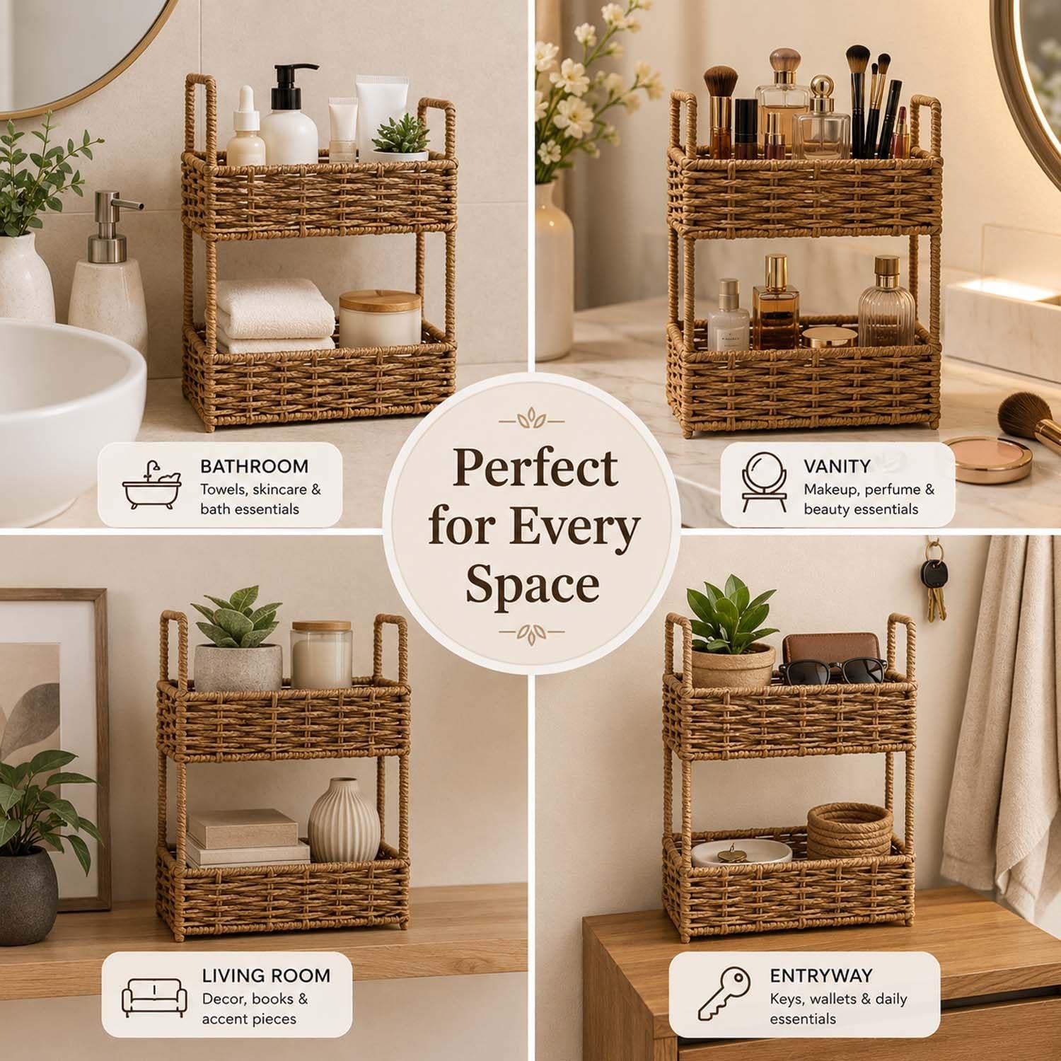 Go Hooked Handwoven 2 Tier Raffia Storage Basket Organizer 10 Inch Natural Wicker Countertop Shelf Basket for Bathroom Bedroom Living Room Office Vanity Décor (L26xW18.5xH37 cm) - Image 5