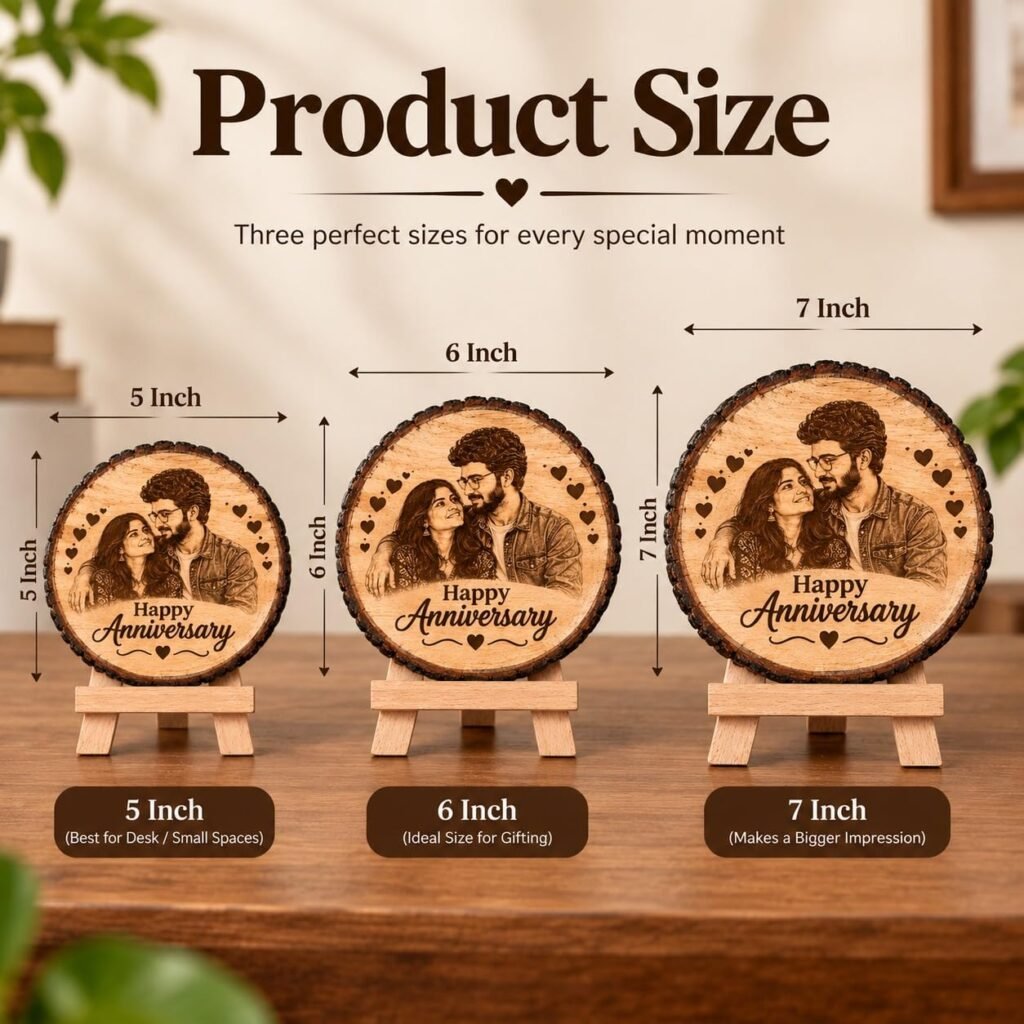 Personalized Engraved Wooden Photo Frame for Couple, Custom Photo and Names on Natural Wood Slice with Stand, Anniversary, Wedding and Birthday Gift for Wife or Husband, 5.5 Inch (14 cm)