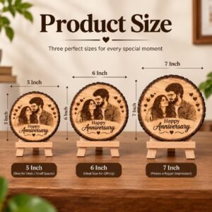 Personalized Engraved Wooden Photo Frame for Couple, Custom Photo and Names on Natural Wood Slice with Stand, Anniversary, Wedding and Birthday Gift for Wife or Husband, 5.5 Inch (14 cm) - Image 3