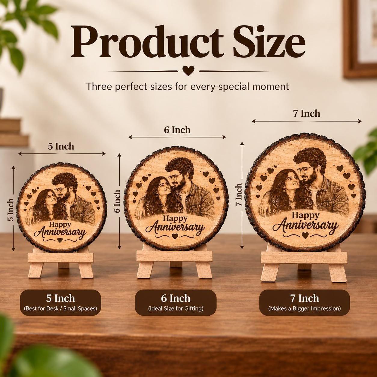 Personalized Engraved Wooden Photo Frame for Couple, Custom Photo and Names on Natural Wood Slice with Stand, Anniversary, Wedding and Birthday Gift for Wife or Husband, 5.5 Inch (14 cm) - Image 3