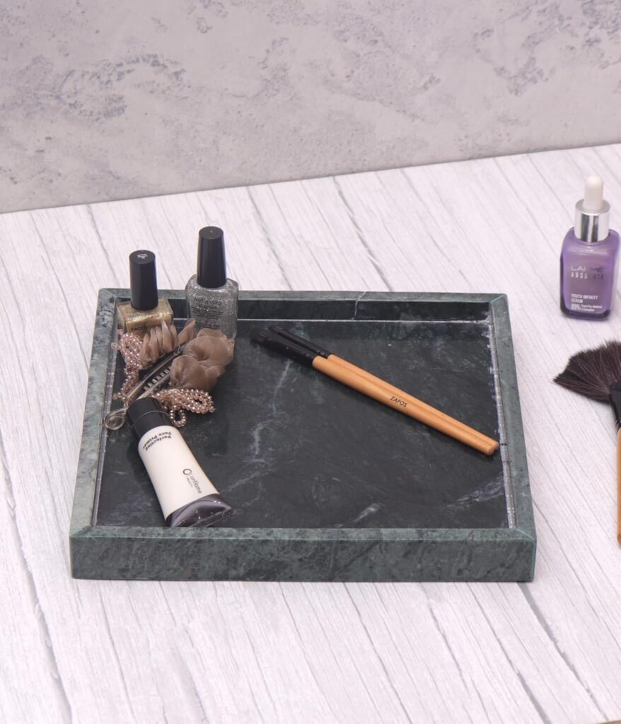 Marble Finish Vanity Tray – Elegant Decorative Organizer for Makeup, Jewelry, Perfume & Skincare – Rectangular Bathroom Countertop & Dresser Tray for Women (Green, 8 X 8 Inches)
