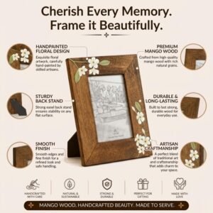 Aurum Crafts Bella Handpainted Wooden Photo Frame 4x6 Inch | Handcrafted Mango Wood Picture Frame with Floral Design | Tabletop & Wall Mount Frame for Home Décor - Image 2