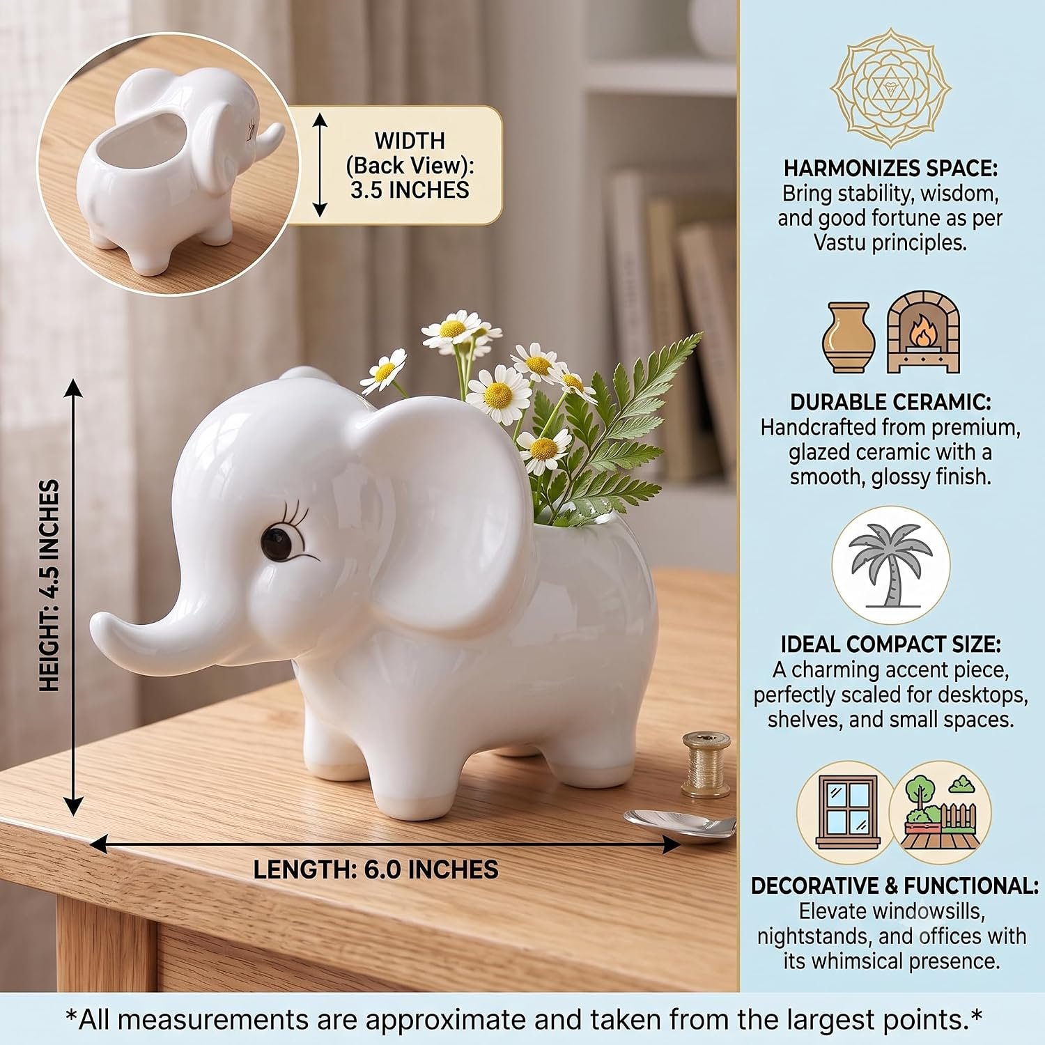 Ceramic Elephant Succulent Planter Pots - Set of 2, White Decorative Flower Vases for Indoor Home Decor, Office Desk, Living Room & Gifting - Cute Animal Shape Pots for Small Plants - Image 2