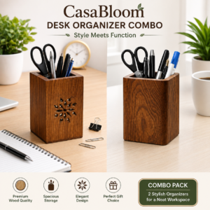 CasaBloom Desk Organizer Combo – Ceramic Pen Cup with Wooden Base & Minimal Wooden Pen Holder