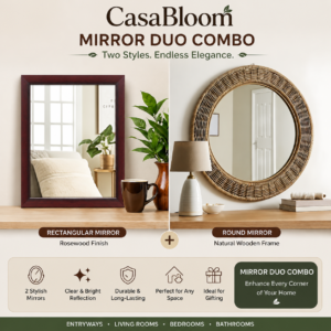 CasaBloom Mirror Duo Combo – Rectangular Rosewood Mirror & Round Natural Wooden Wall Mirror