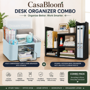 CasaBloom Desk Organizer Duo – Multi-Compartment Acrylic Organizer with Drawer & Minimal Wooden Desk Organizer