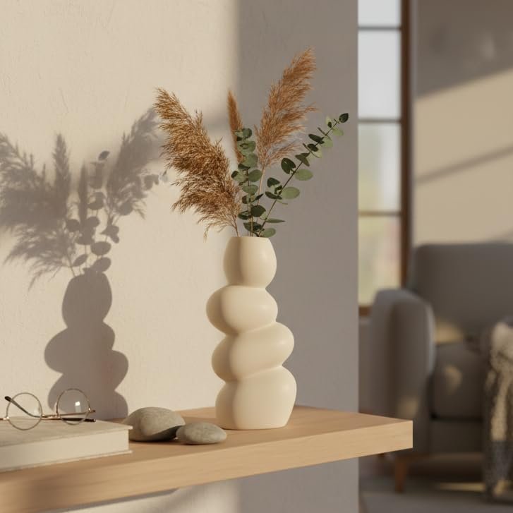 Ceramic Stone Vase for Home Decor Ceramic Vase for Pampas Grass, Abstract Bubble Stacked Pebble Design, Minimalist Ceramic Vases for Flowers (White Pebble)