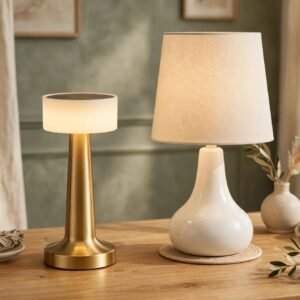 CasaBloom Lighting Duo – Touch-Control LED Night Lamp & Ceramic Table Lamp with Linen Shade