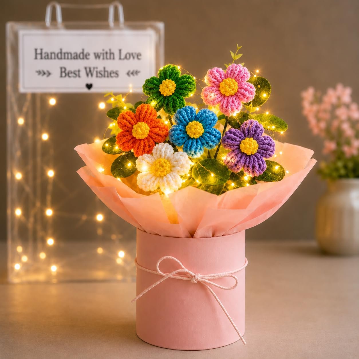 PulGos 1 Pcs Artificial Crochet Flower Bouquet with LED Light | Handmade Yarn Knitted Floral Bunch, Raksha Bandhan Gift for Sister, Girls & Women | Cute Woolen Flowers for Home & Office Décor (Pink) - Image 1